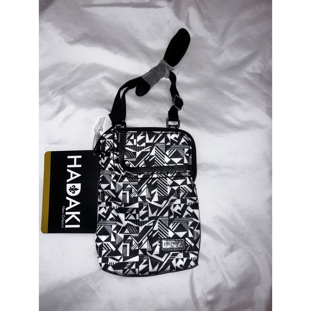 Hadaki Crossbody Bag Black White Geometric Print Zipper Accent Women